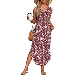 🆕 Women Red Summer Maxi Dress Sleeveless Casual Loose Long Beach Split Pocket